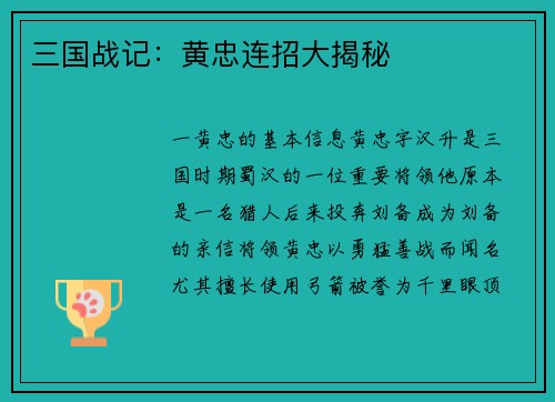 三国战记：黄忠连招大揭秘